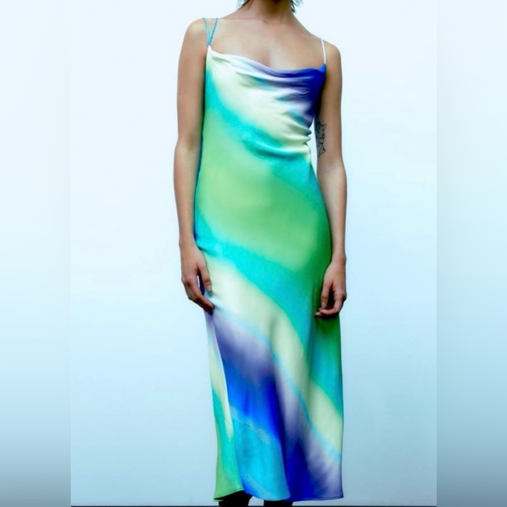 ZARA Tie Dye Cowl Satin Strappy Midi Dress size XS